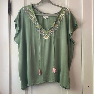 Anthropologie Floreat spring green embroidered gauze top oversized boho L